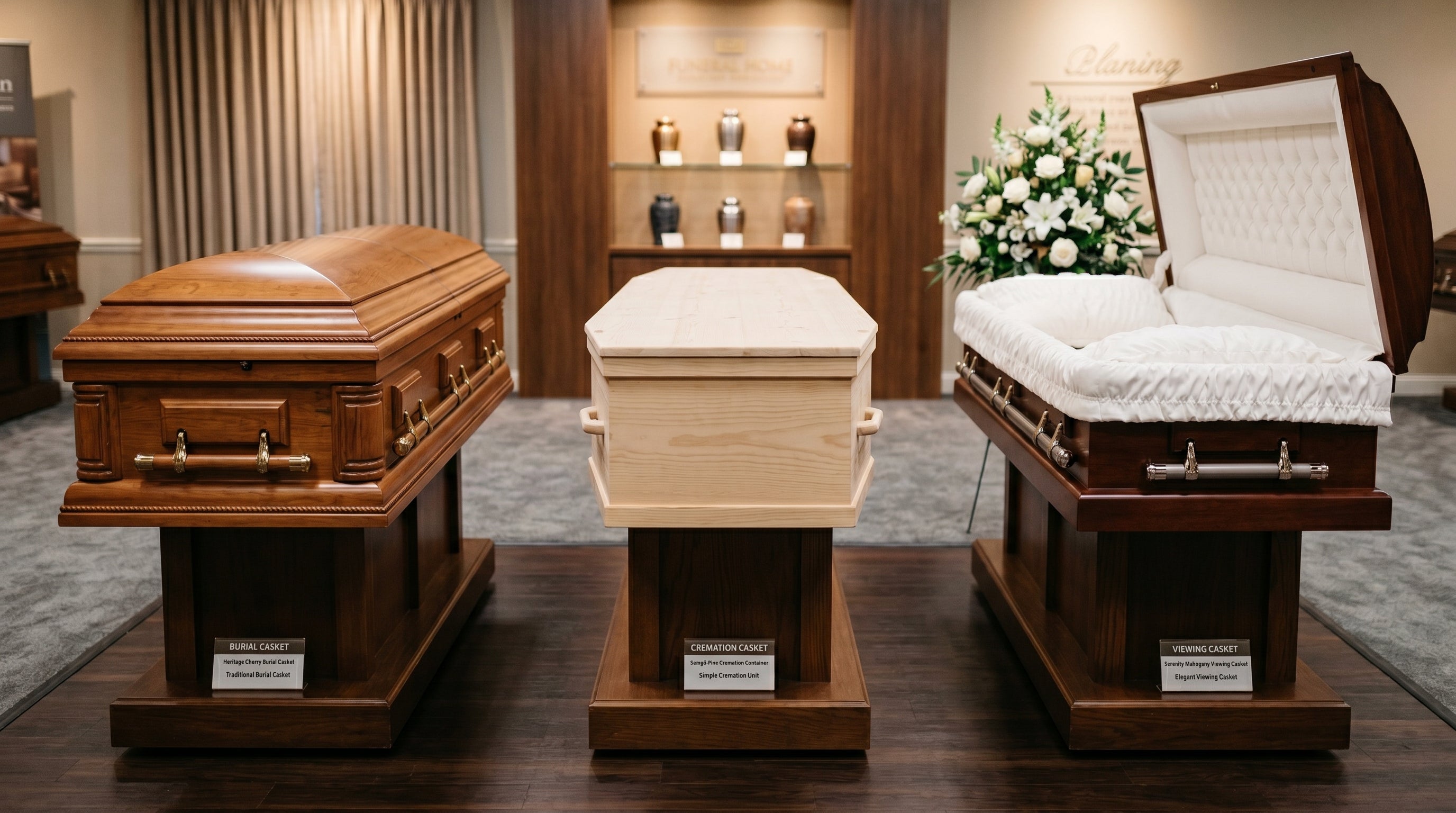 Burial and cremation viewing caskets displayed together