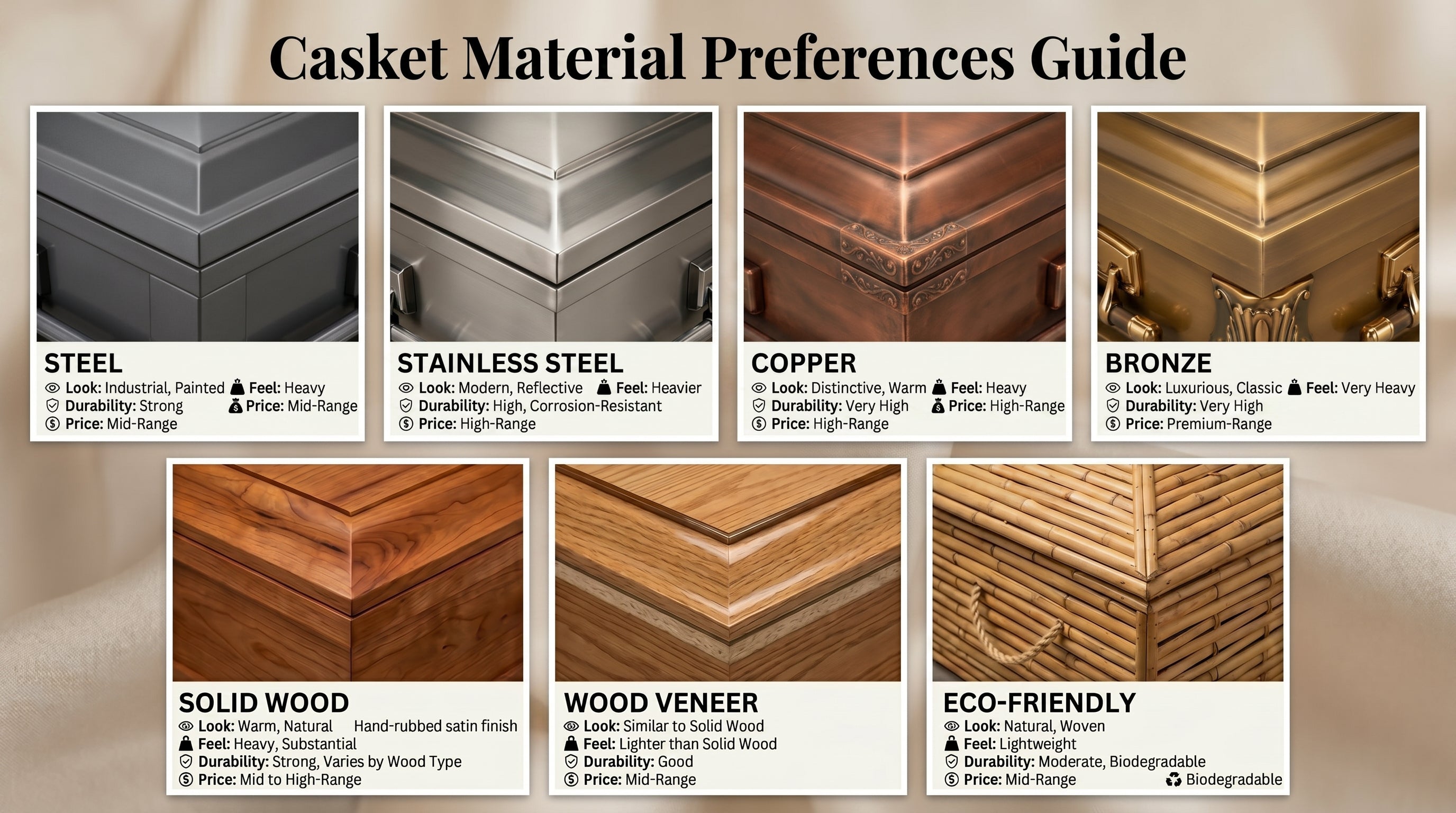 Different types of caskets for burial and cremation
