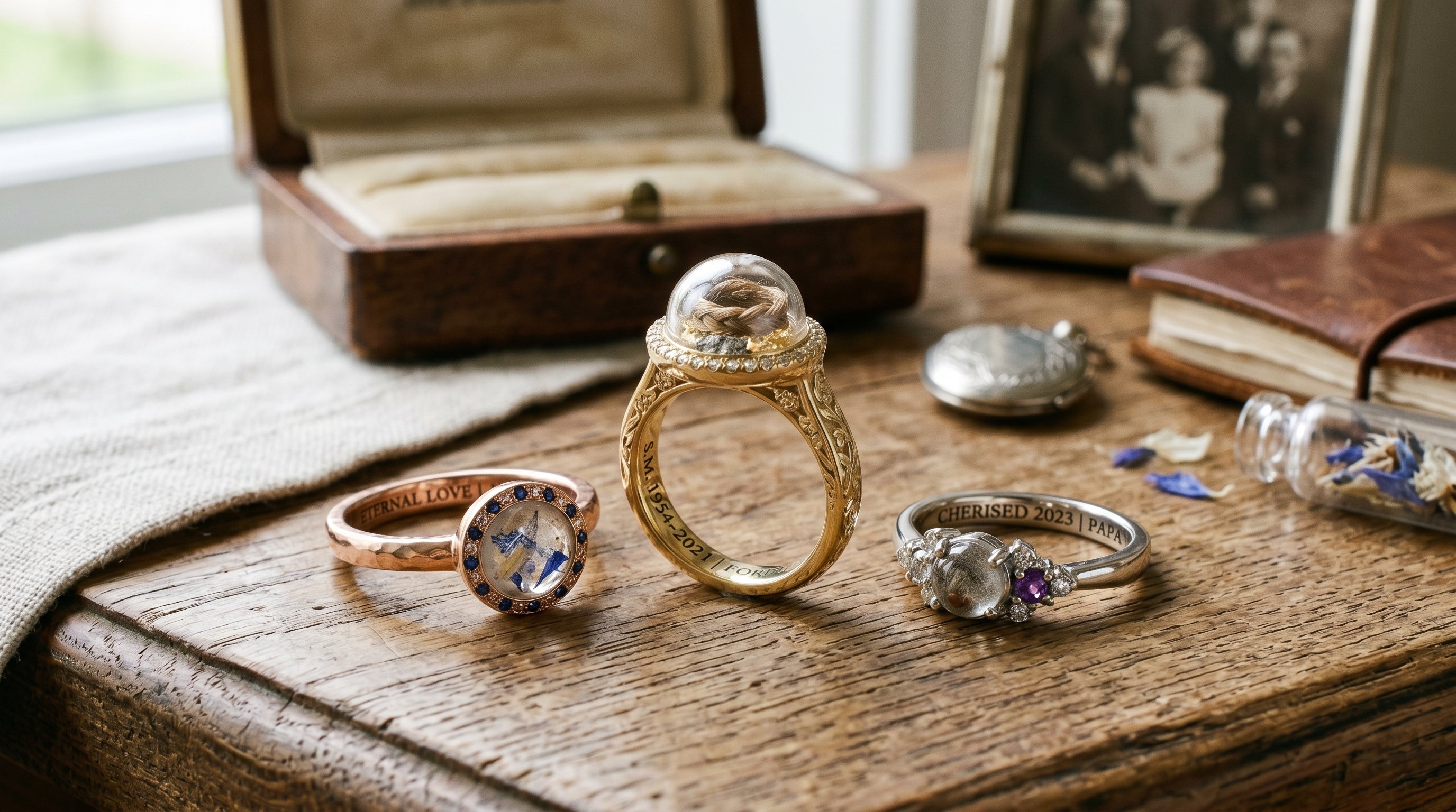 Different styles of ring keepsakes for ashes