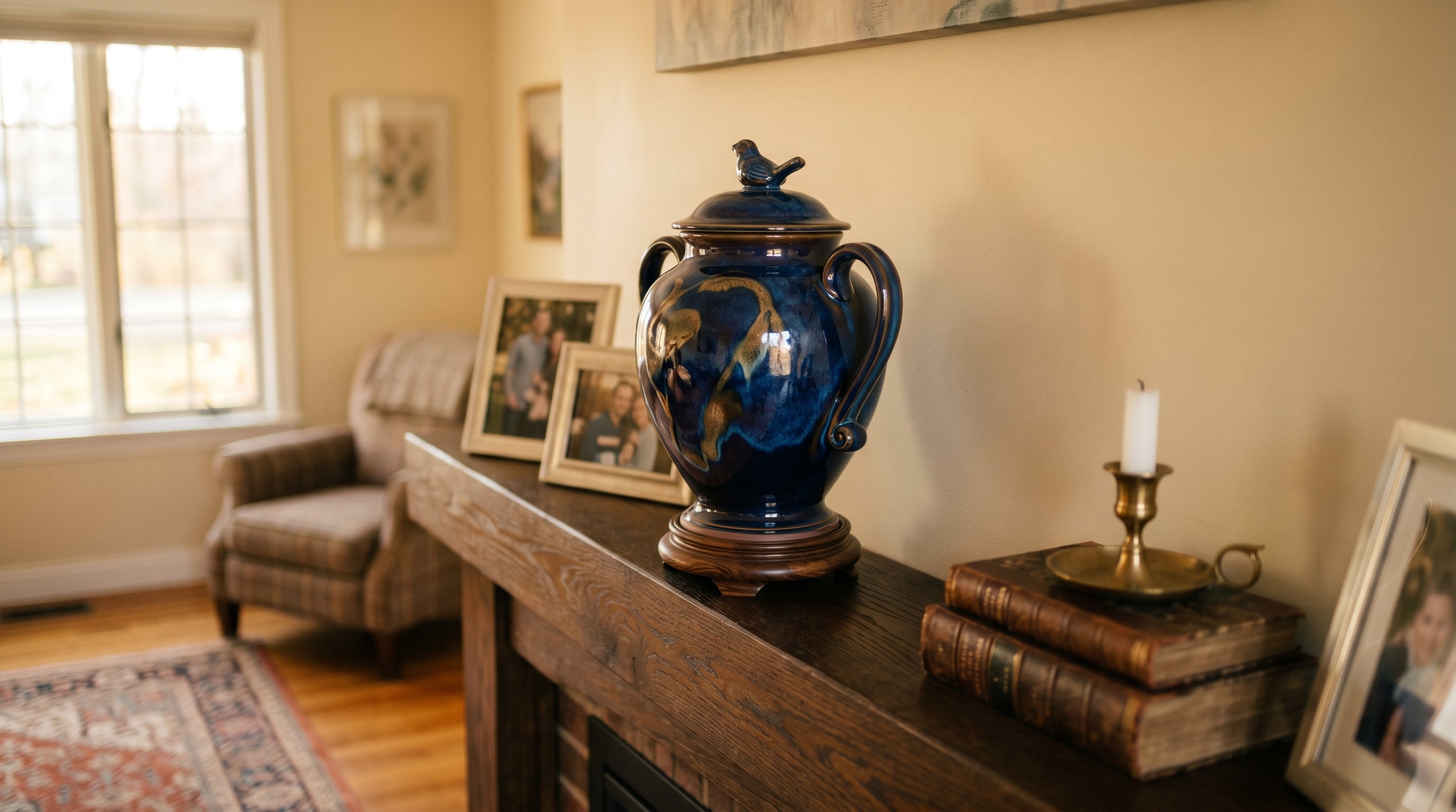 Cremation urn displayed at home as a memorial