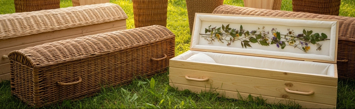 Eco-friendly caskets displayed outdoors in a natural setting