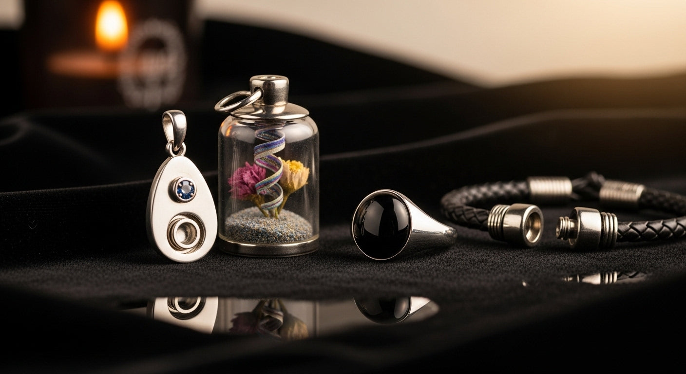 Assorted cremation keepsakes displayed together
