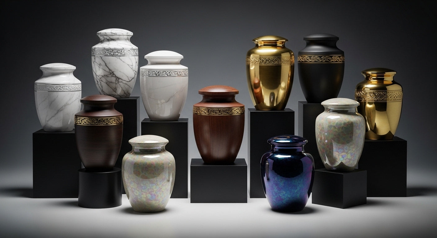 Premium cremation urns displayed together