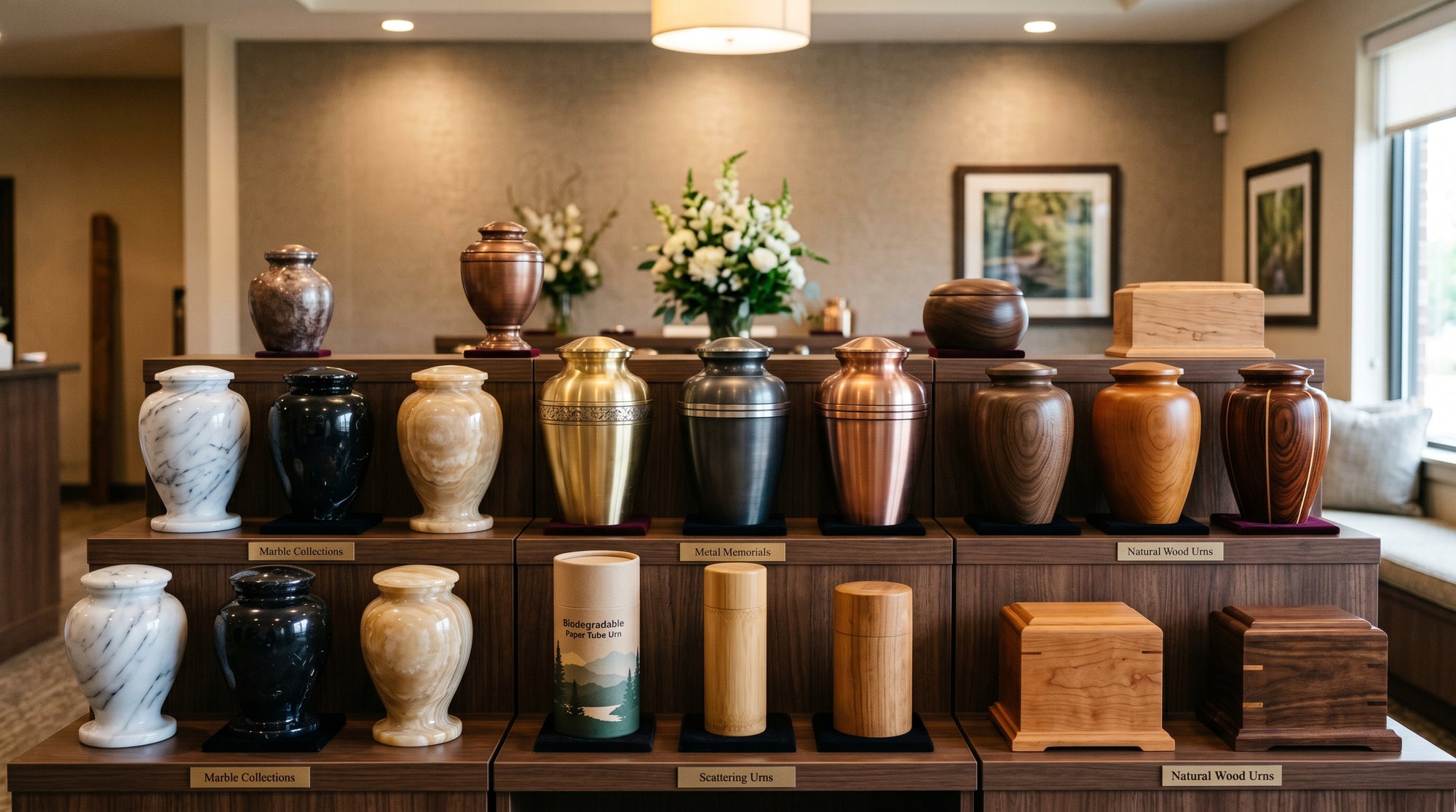 Rest Assured Memorials cremation urns displayed together