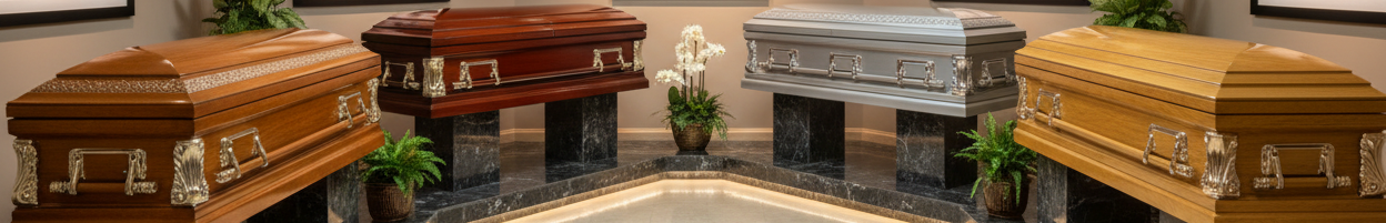 Selection of beautiful wood and metal caskets displayed together