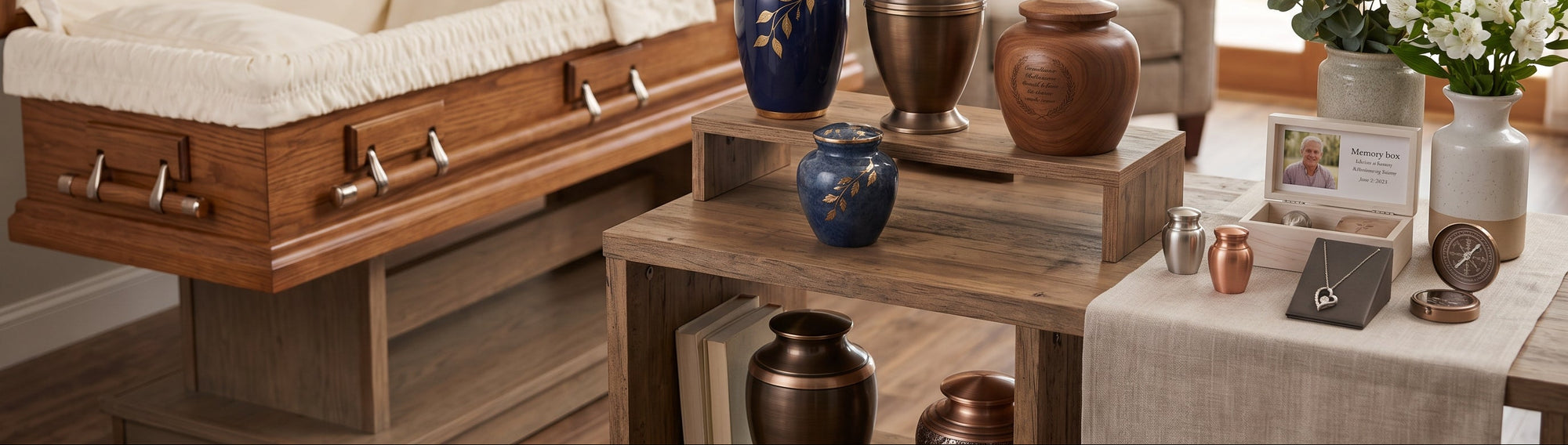 Cremation urns displayed with memorial keepsakes