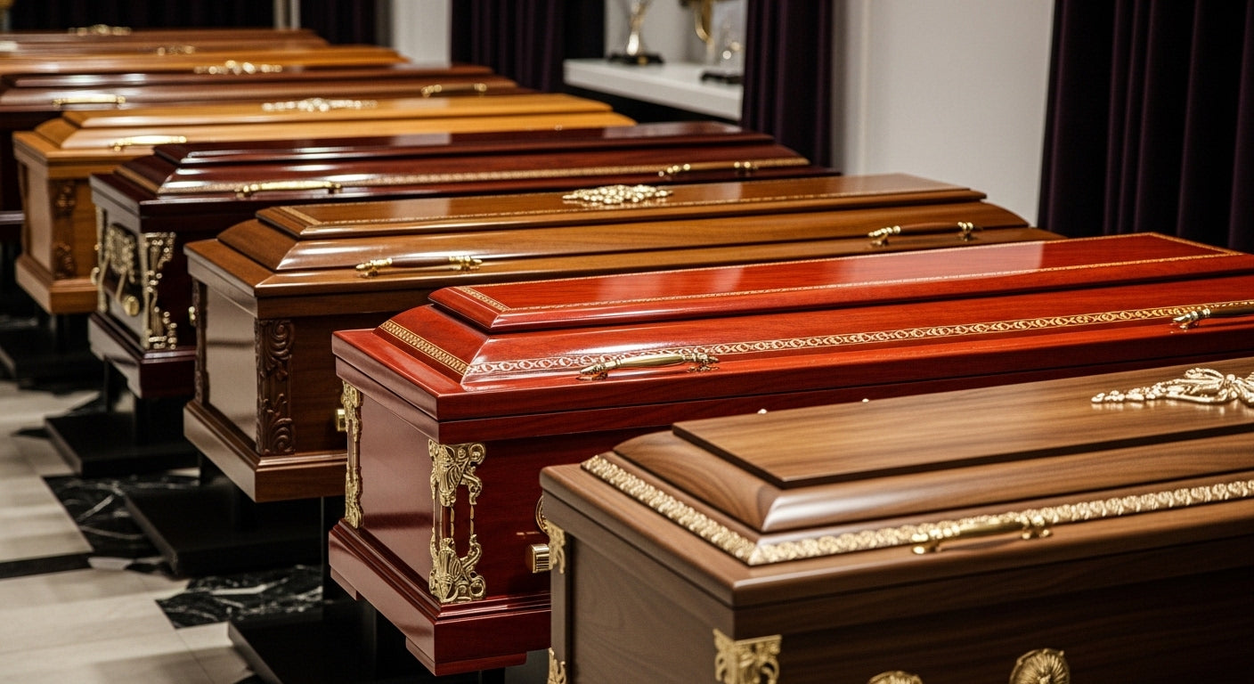 Wood caskets displayed in a showroom setting
